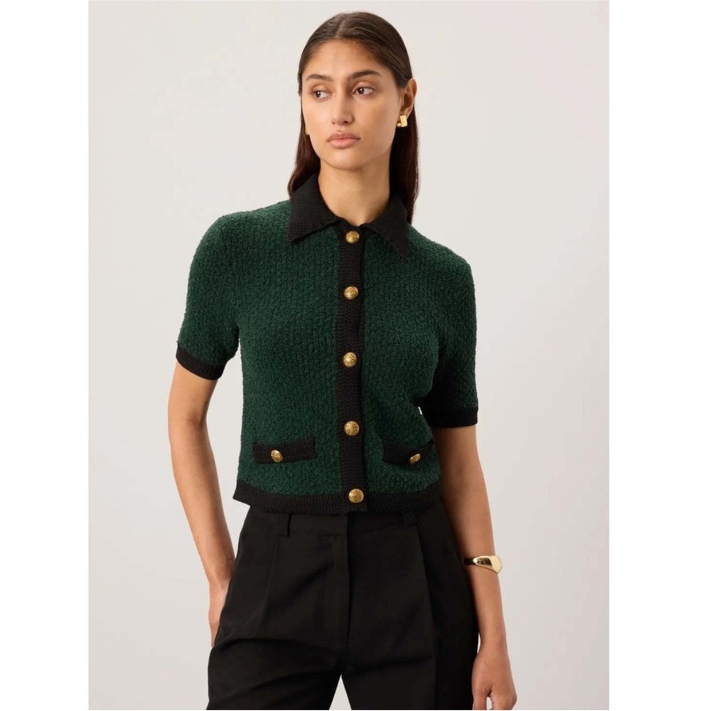 Veronica Beard Forest Green and Black Short-Sleeve Bouclé Cardigan